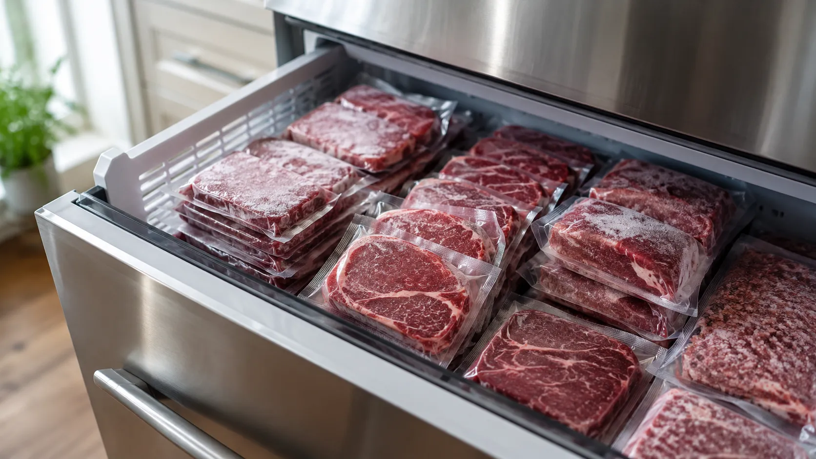 Portionsweise vakuumiertes Fleisch ordentlich gestapelt im Gefrierschrank