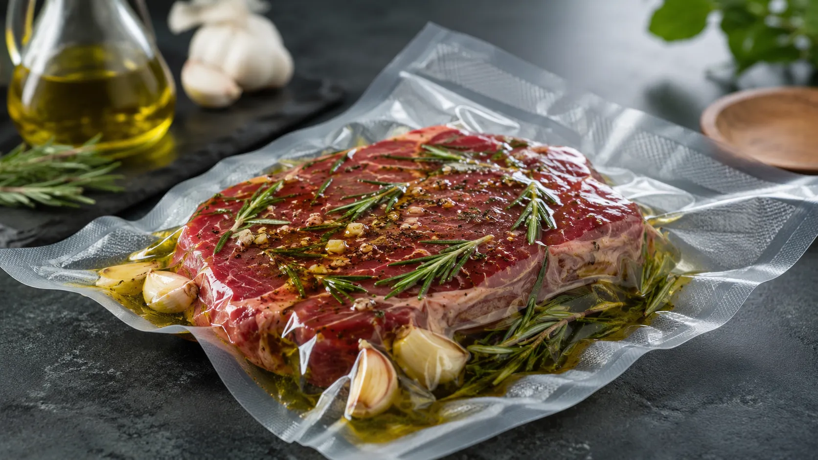 Mariniertes Steak mit Rosmarin und Knoblauch im Vakuumbeutel