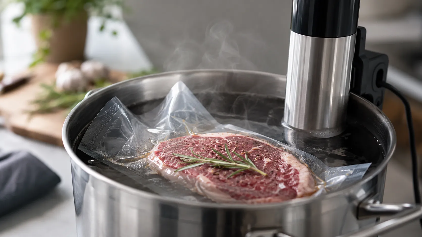 Vakuumiertes Steak gart sous-vide im Wasserbad mit Sous-Vide-Stick