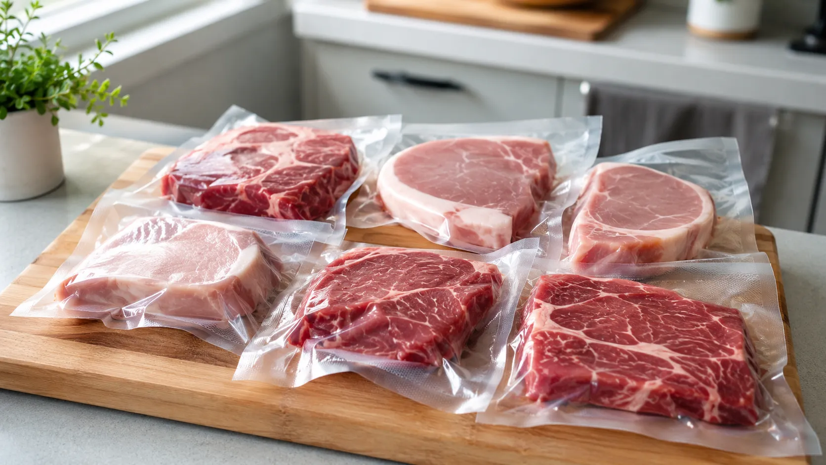 Mehrere Portionen Fleisch einzeln im Vakuumbeutel auf einem Schneidebrett