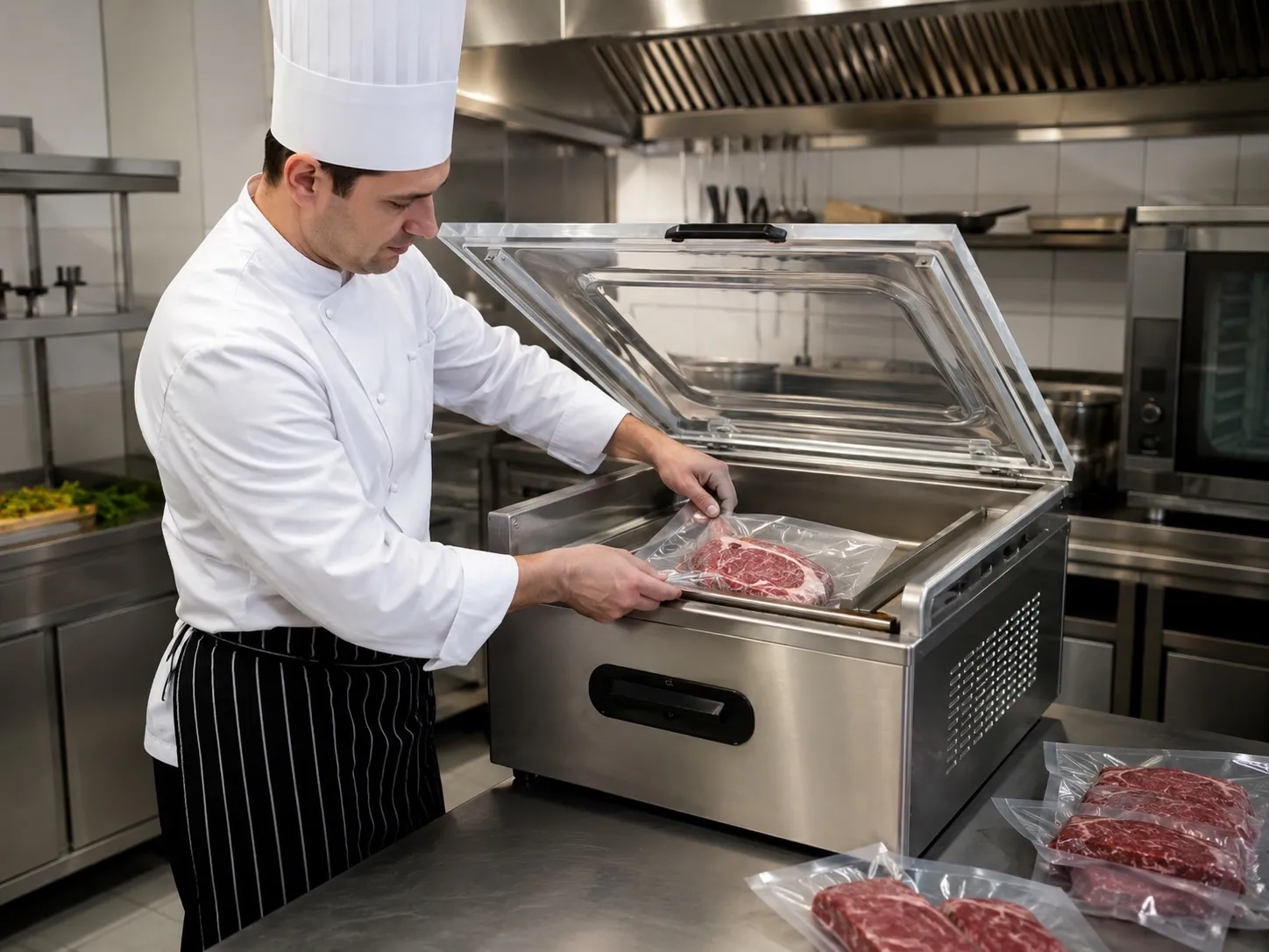 Koch vakuumiert portioniertes Fleisch in einer Profiküche