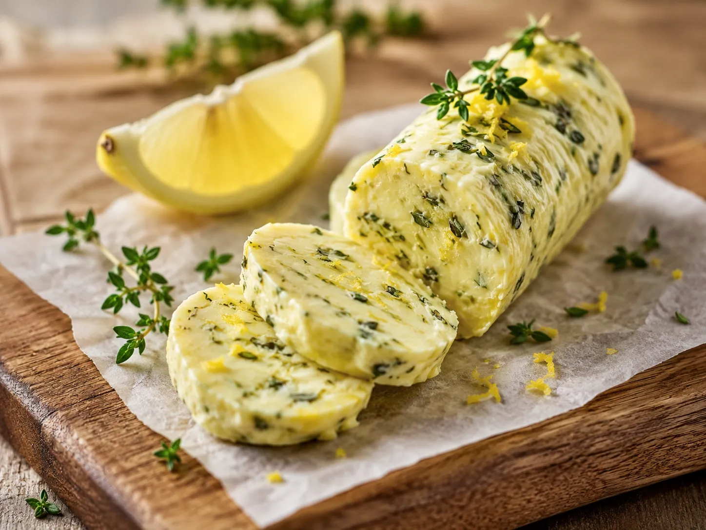 Zitronen-Thymian-Butter auf einem Holzbrett