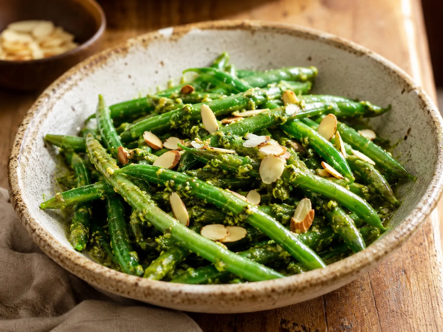 Grüne Bohnen mit Mandel-Knoblauch-Pesto in einer Schale