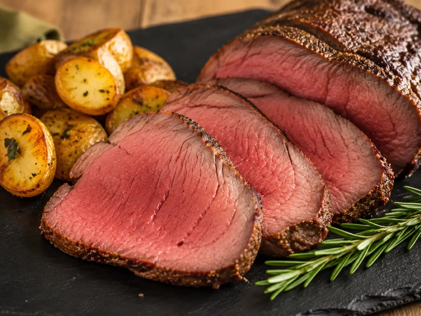 Aufgeschnittener vakuumgegarter Rinderbraten mit Kartoffeln