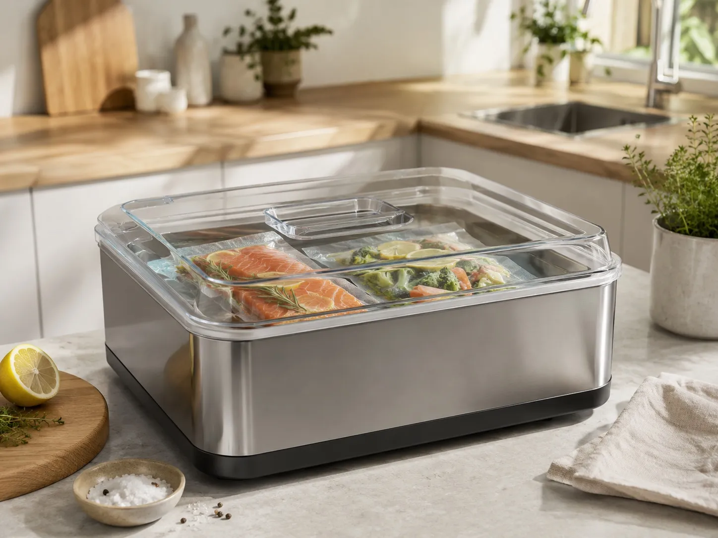 Becken-Garer mit transparentem Deckel und Vakuumbeuteln im Wasserbad