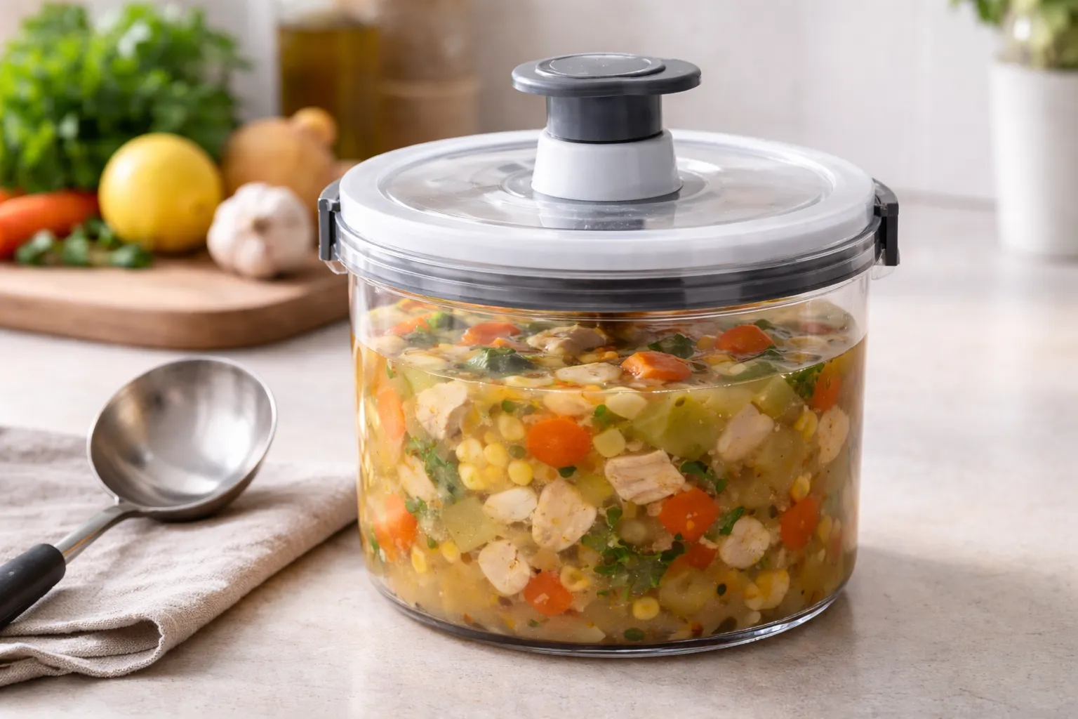 Suppe in einem Vakuumbehälter mit Pumpdeckel auf der Küchenarbeitsplatte